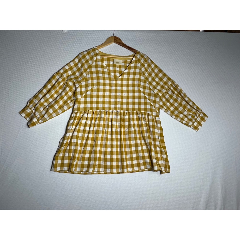 Maeve Anthropologie Blouse Women L Yellow Gingham Peplum V-Neck Boho